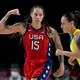 United States’s Brittney Griner (15) flexes her muscle after making a basket during a women’s basketball quarterfinal round game against Australia at the 2020 Summer Olympics, Wednesday, Aug. 4, 2021, in Saitama, Japan. The United States was finally granted consular access up to Griner on Tuesday.